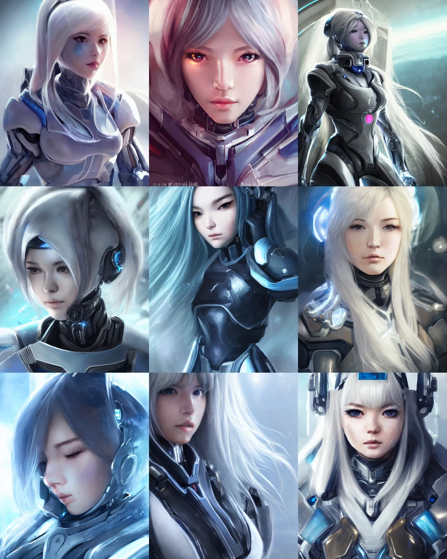 Prompt: detailed portrait of perfect android girl, warframe armor, beautiful face, scifi, futuristic, space station, laboratory, song hye - kyo, dreamy, long white hair, blue cyborg eyes, cinematic lighting, innocent, highly detailed, sharp focus, smooth, artstation, intricate, award winning, pure aura, utopia, by akihiko yoshida