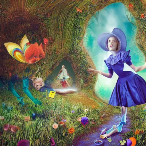 Prompt: Alice , falling down the rabbit hole with reality distorting around her