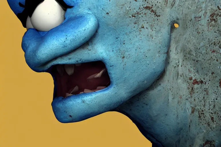 Prompt: horrific screaming smurf portrait stuck in the matrix, glitchy, buggy, playstation 1 graphics, low poly 3 d render, creepypasta, volumetric lighting, dramatic, octane render, scary, horrific, award - winning, detailed, weird, close - up, featured on artstation, strange, off - putting, demonic, odd, atmospheric, ambient, spooky