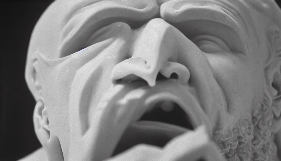 Prompt: 1 9 6 0 s movie still close - up of chrysippus of solis breaking his jaw in red drapery in a neoclassical marble room, cinestill 8 0 0 t 3 5 mm b & w, high quality, heavy grain, high detail, dramatic light, anamorphic, detailed beard, by josef sudek