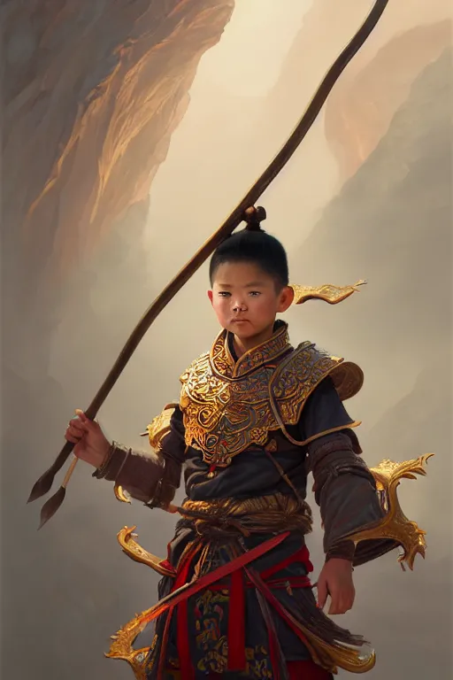 Image similar to a masterpiece portrait of nezha, highly detailed, boy hold spear, chinese fantasy, highly detailed, digital painting, trending on artstation, concept art, sharp focus, illustration, global illumination, ray tracing, realistic shaded, art by artgerm and greg rutkowski and fuji choko and viktoria gavrilenko and hoang lap