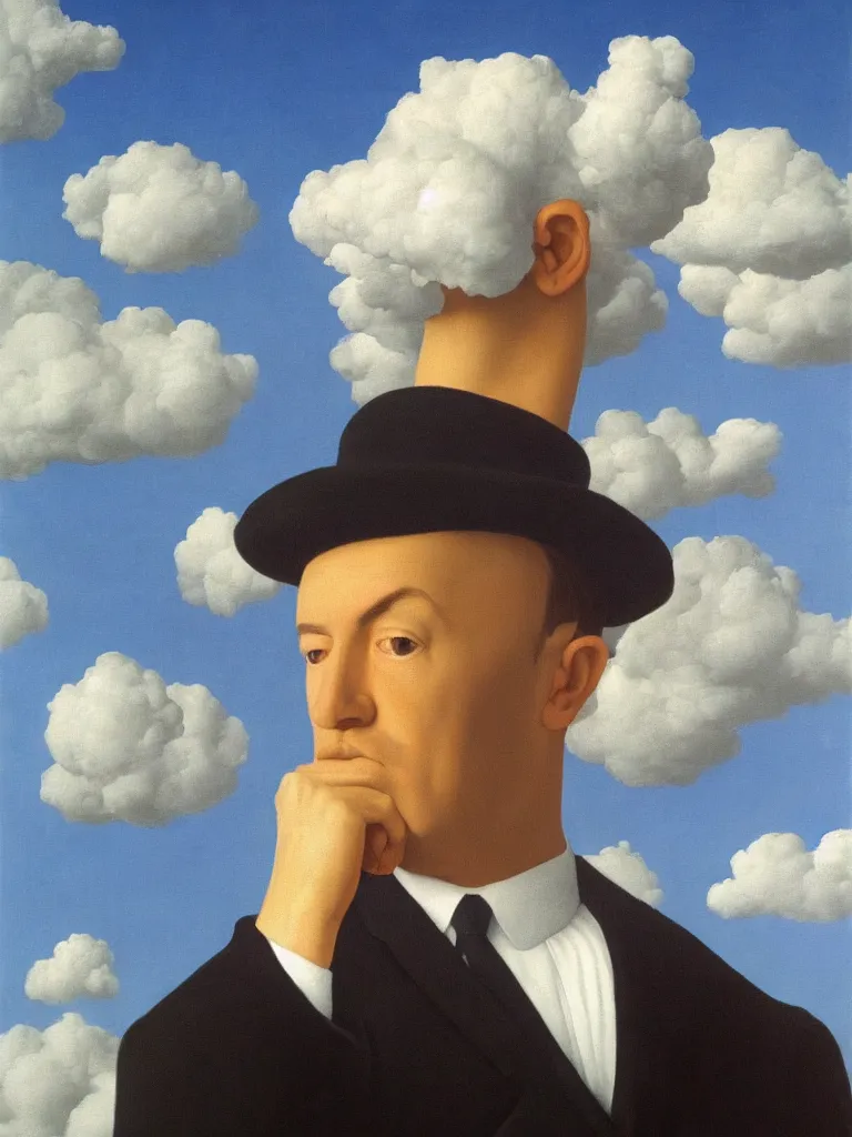 Image similar to portrwit of man with cloud instead of his head by rene magritte, detailed painting, hd, hq, high resolution, high detail, 4 k, 8 k