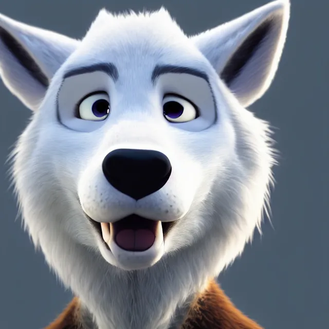 Image similar to portrait headshot of a cute male white wolf in the style of zootopia. volumetric lighting, subsurface scattering, hyperrealistic, octane render, hyperdetailed