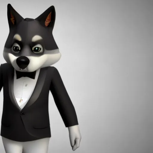 Prompt: 3 d render of a wolf as a gentleman wearing tuxedo in the pixar style, smooth render, unreal engine 5, wet reflections