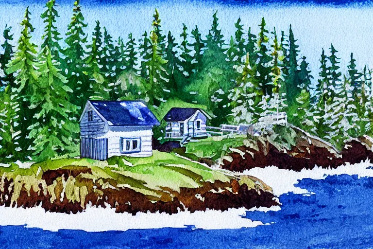 Image similar to a watercolor painting animation background of a seaside cottage in Oregon, moss and pines