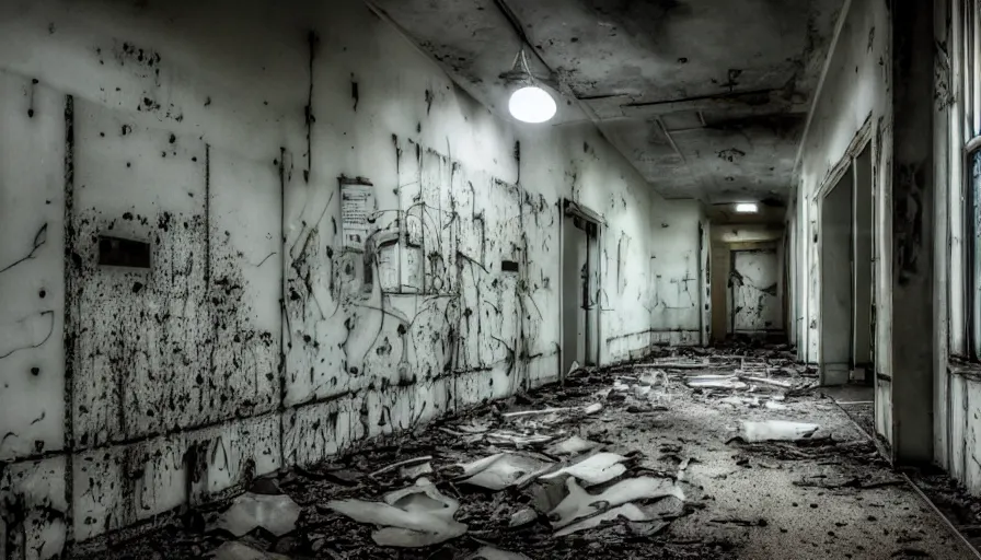 Prompt: run-down abandoned hospital, broken lamps, dark, gritty, high exposure, night time