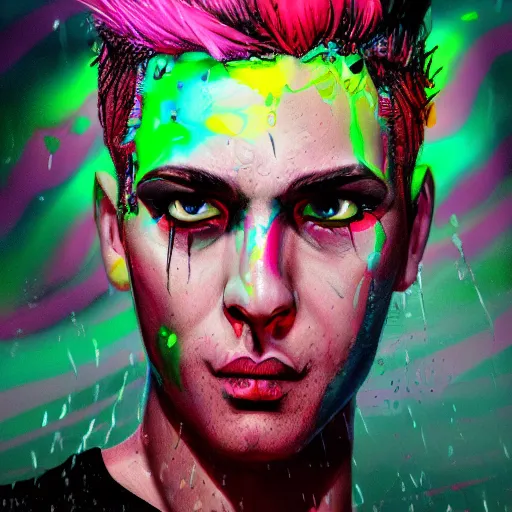 Prompt: splashes of neon, mowhawk, punk portrait made out of paint with rain in the background, trending on artstation, epic composition, emotional, beautiful, rendered in octane, highly detailed, realistic, tim burton comic book art, sharp focus, matte painting