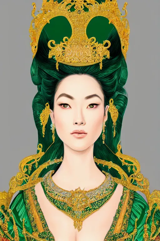 Prompt: a beautiful empress photo portrait, with a brilliant, impossible striking shiny big emerald headpiece, white and emerald robes, symmetrical, rococo, baroque, jewels, asian, realistic, closeup, D&D, fantasy, intricate, elegant, highly detailed, digital painting, artstation, octane render, 8k, concept art, matte, sharp focus, illustration, art by Artgerm and Greg Rutkowski and Alphonse Mucha