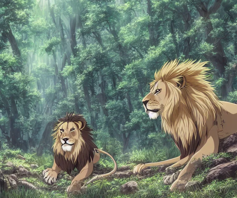 Image similar to lion in a forest, anime fantasy illustration by tomoyuki yamasaki, kyoto studio, madhouse, ufotable, comixwave films, trending on artstation