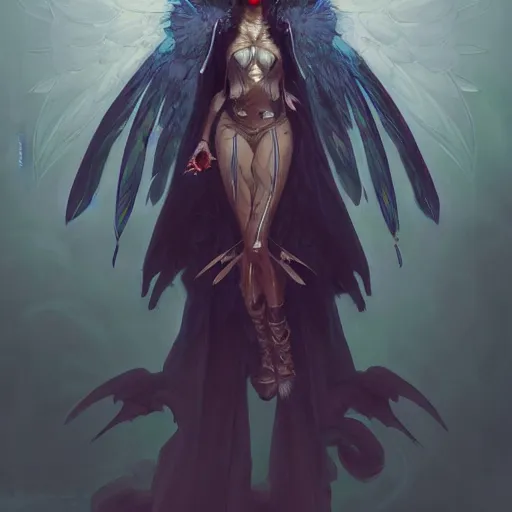 Image similar to character portrait of a modest robed dark raven angel with iridescent black raven wings, by Peter Mohrbacher, Mark Brooks, Jim Burns, Wadim Kashin, Greg Rutkowski, trending on Artstation