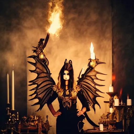 Prompt: gothic ritual with many golden candles, german shepherd with dragon wings in gothic makeup performing ritual, gloomy, candlelight, intricate detail faces, fireplace wide angle shot photograph