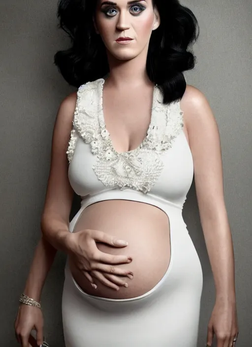 Prompt: cinematic photography of pregnant katy perry in a white dress, intricate, elegant, highly detailed, smooth, sharp focus, symmetrical face, fine details, masterpiece, trending on artstation, 4 k hdr 3 5 mm photography