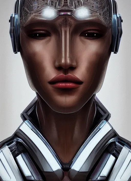 Prompt: beautiful portrait of an alien cyborg, style of Feng Zhu, Artstation geometric, aesthetic, smooth skin, unique features, symmetrical, intricate crown, high fashion, streetwear, cyberpunk, detailed, octane render, cinematic, 8k, brown skin, full lips,