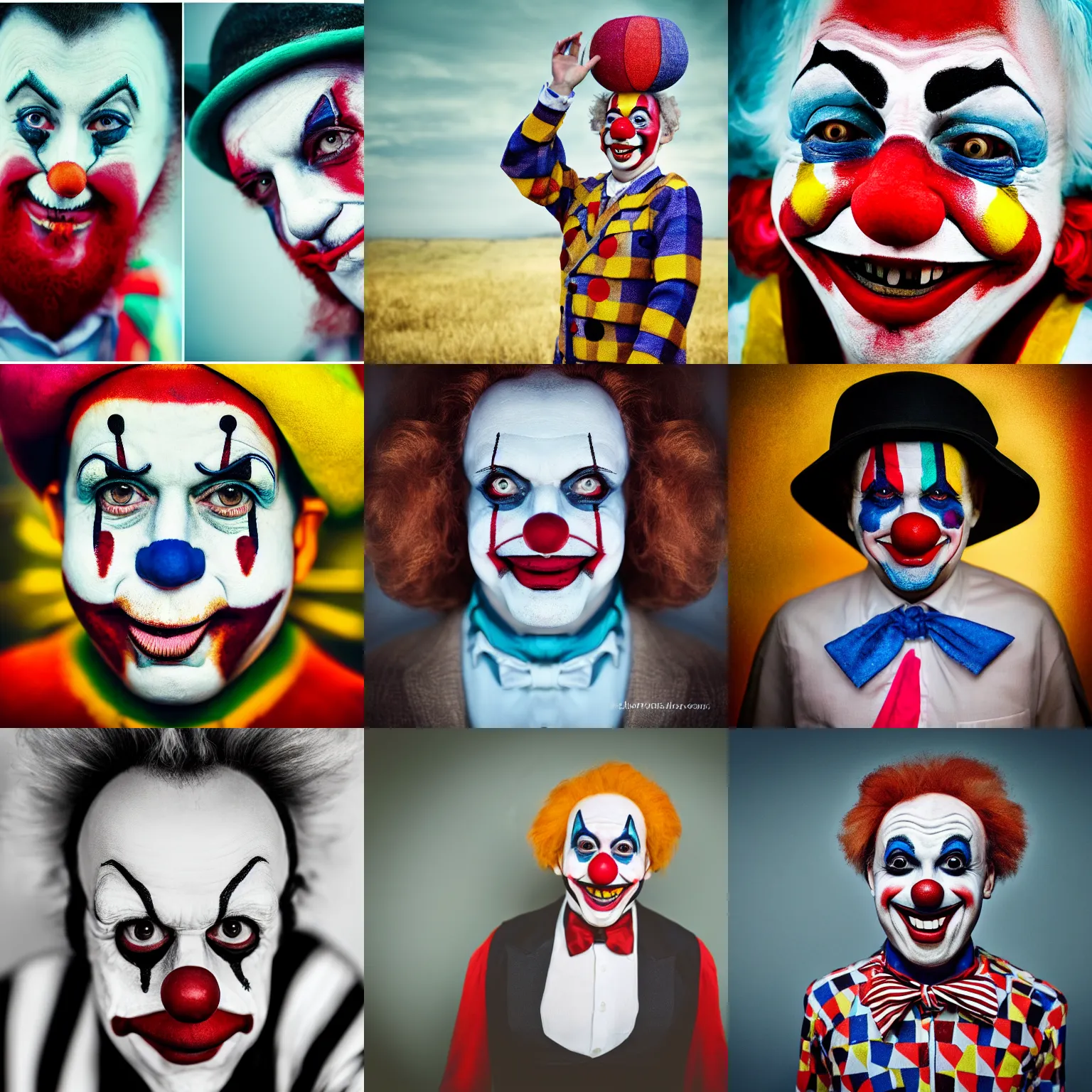 Prompt: fine art portrait photography of a friendly clown, filmic lut,