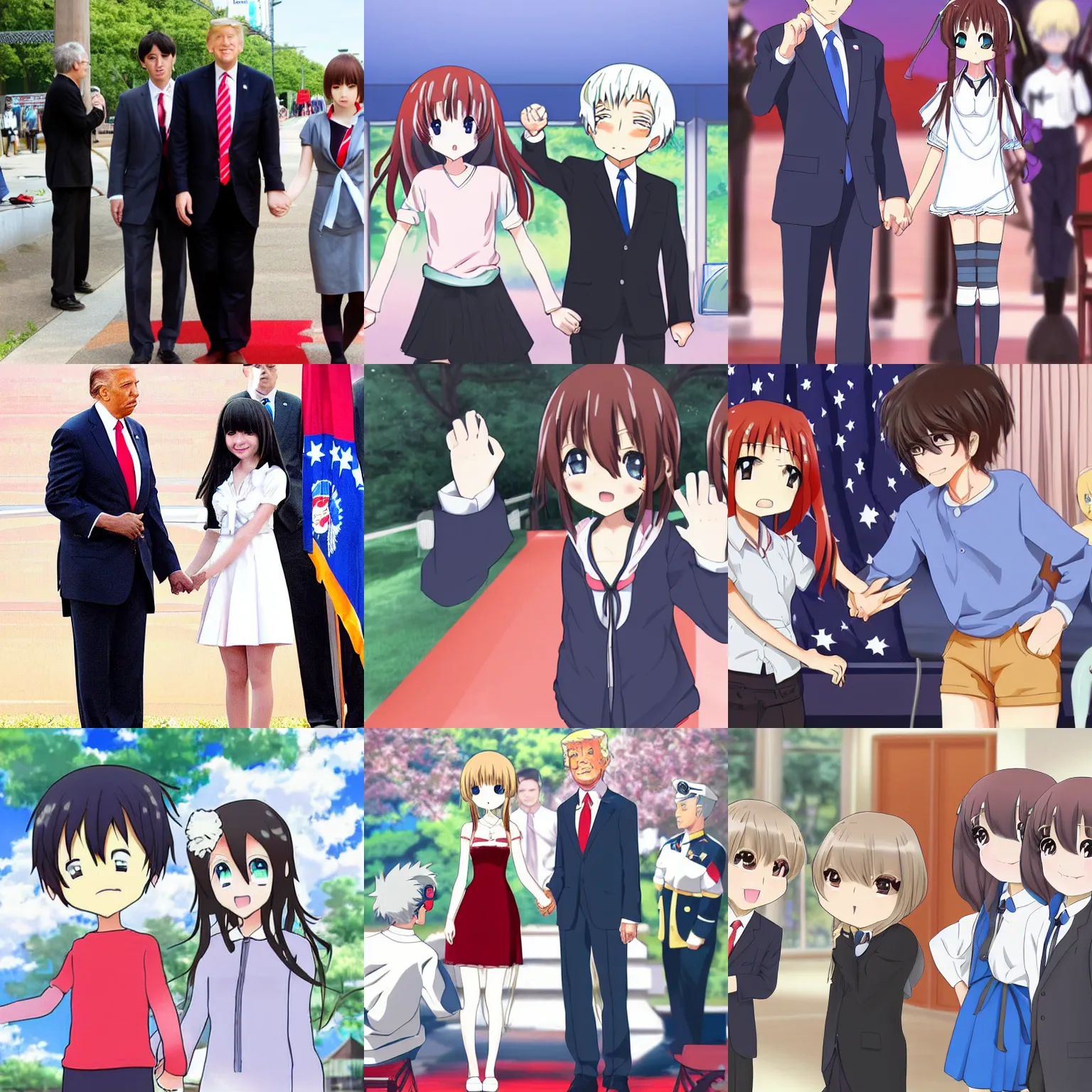 Prompt: anime girl holding hand with us president