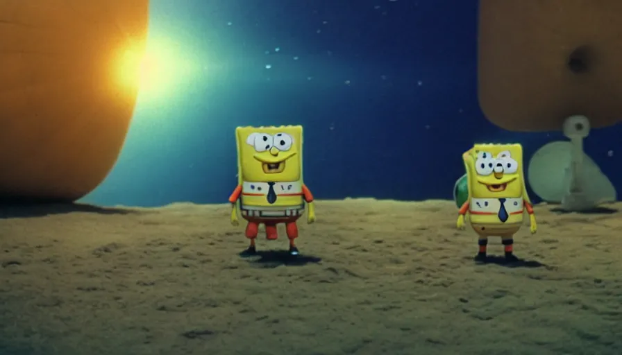 Image similar to 1 9 6 0 s movie still of spongebob, 2 0 0 1 a space odyssey, cinestill 8 0 0 t 3 5 mm, high quality, heavy grain, high detail, panoramic, cinematic composition, dramatic light, ultra wide lens, anamorphic, flares