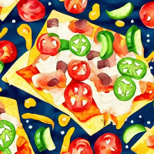 Prompt: watercolor nachos with cheese and jalapeno illustrations, white background, front camera view, forward facing, drawing, cartoon, in the style of shyama golden