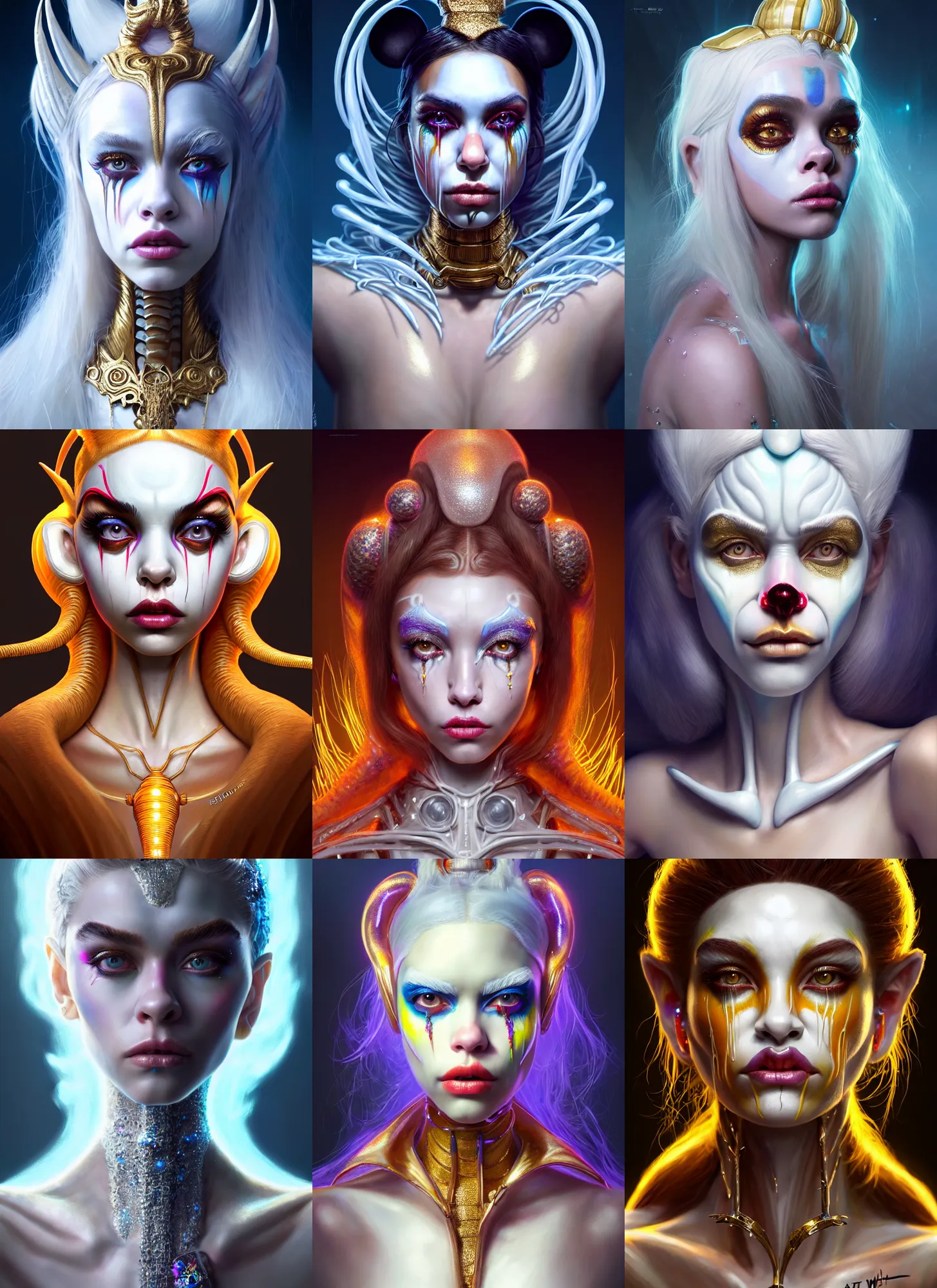 Prompt: bright white clowncore : : disney weta portrait, soft polished ooze queen devil madison beer cyborg, bling, hi - fructose, sci - fi fantasy intricate decadent highly - detailed digital painting, golden ratio, octane render, artstation, concept art, smooth, sharp focus, illustration, artgerm, mucha, loish, wlop