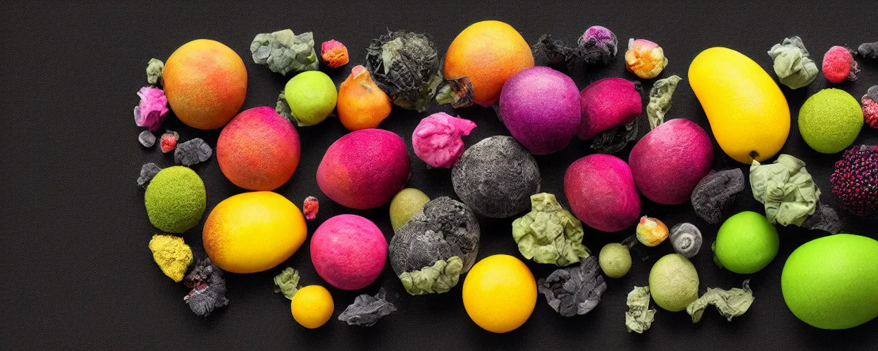 Image similar to spores and mold on a colorful fruit, ultra realistic with black background. shiny. octane rendering. isometric. volume. global illumination. AES