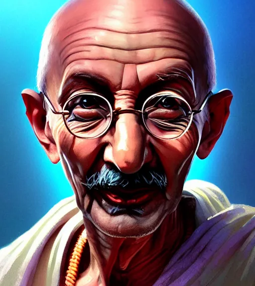 Image similar to Highly detailed portrait of Gandhi, in GTA V, Stephen Bliss, unreal engine, fantasy art by Greg Rutkowski, Loish, Rhads, ferdinand knab, Makoto Shinkai and Lois van baarle, ilya kuvshinov, rossdraws, Tom Bagshaw, global illumination, radiant light, detailed and intricate environment