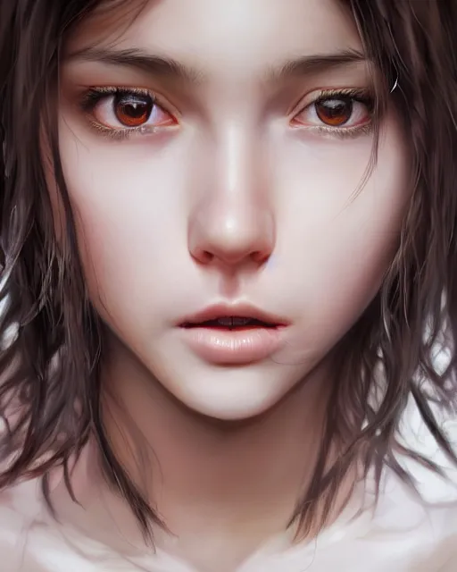 Image similar to 1 5 - year old girl with lush frizzy brown hair, large front teeth, and bright piercing brown eyes, hyper realistic face, beautiful eyes, character art, art by artgerm lau and wlop and and ilya kuvshinov and john singer sargent, hyperdetailed, symmetrical, cryengine, trending on artstation, digital art