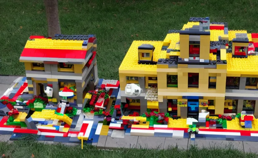 Prompt: a crashed villa made out of lego, pieces of lego laying on the lawn