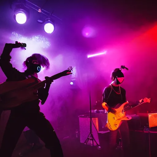 Image similar to scandy and arender playing a live gig at night time with masks on, beautiful girls, colored lights, stroboscope, heavy fog machine, no faces visible, huge crowd on drugs, ecstatic crowd, photorealistic photography