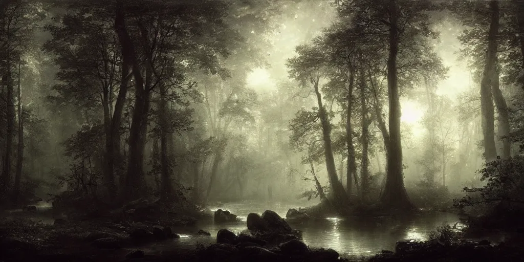 Prompt: [ a dark scene of a dense forest at night with a stream through it, moonlight through trees ], andreas achenbach, artgerm, mikko lagerstedt, zack snyder, tokujin yoshioka
