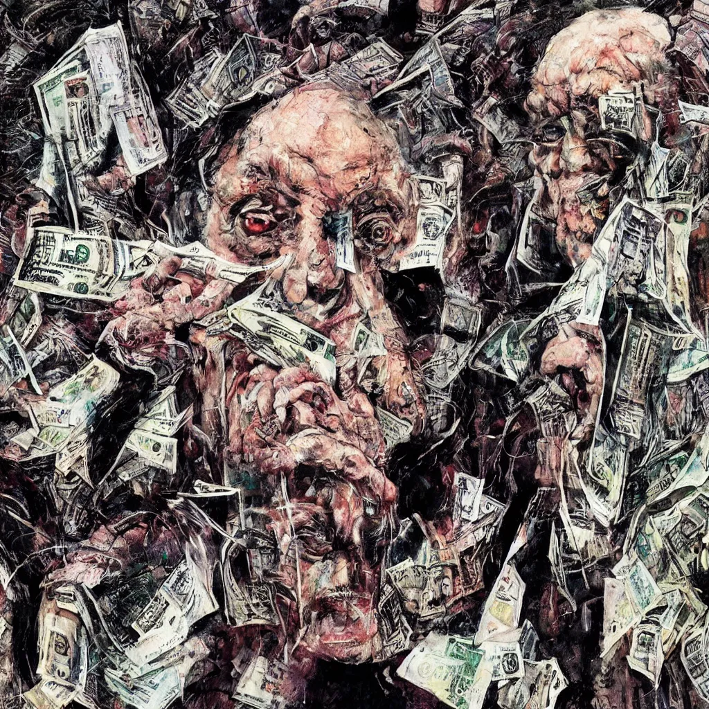 Image similar to George Soros, dollar bills Body horror, biopunk, by Ralph Steadman, Francis Bacon, Hunter S Thompson