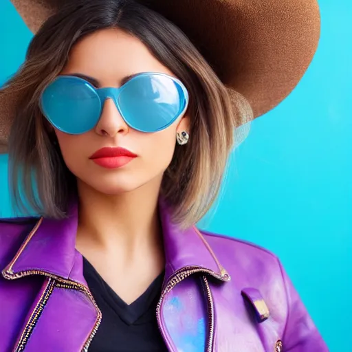 Image similar to closeup painting of a very beautiful young mexican woman with light blue shutter shades, one side haircut, long brown hair with light blue ends, purple leather jacket