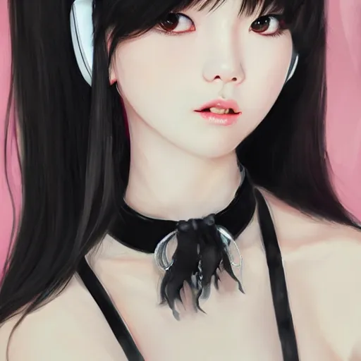 Image similar to realistic beautiful gorgeous natural cute Blackpink Lalisa Manoban black hair cute fur black cat ears, wearing white camisole, headphones, black leather choker artwork drawn full HD 4K highest quality in artstyle by professional artists WLOP, Taejune Kim, Guweiz on Pixiv Artstation