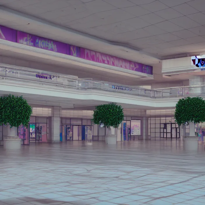 Prompt: vaporwave 8 0 s dreamy empty empty shopping mall, highly detailed, 3 d render, vray, octane, realistic lighting, photorealistic