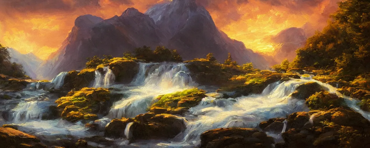 Image similar to a serene landscape with mountains and waterfall, oil painting, light brush strokes, cinematic light, sunset, intricate details, dynamic