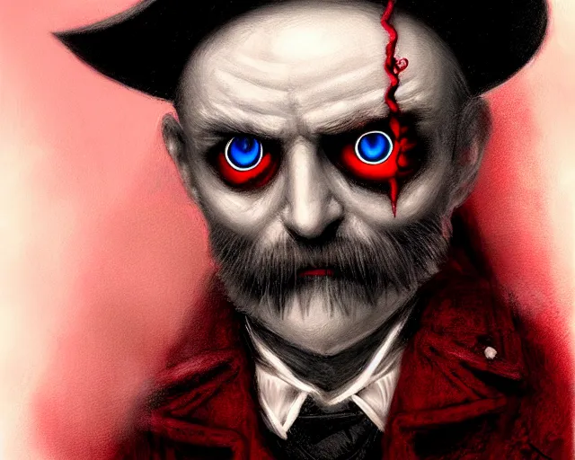 Prompt: closeup profile portrait of jack the ripper with glowing red eyes and bat wings, nicoletta ceccoli, mark ryden, lostfish, max fleischer, hyper realistic, artstation, illustration, digital paint, matte paint, vivid colors, bright, cheerful, detailed and intricate environment