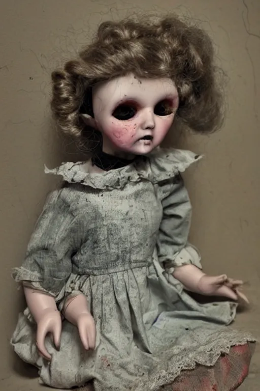 Prompt: dirty cracked screaming vintage doll maggots in eyes sitting in darkly lit dusty basement cobwebs old photo
