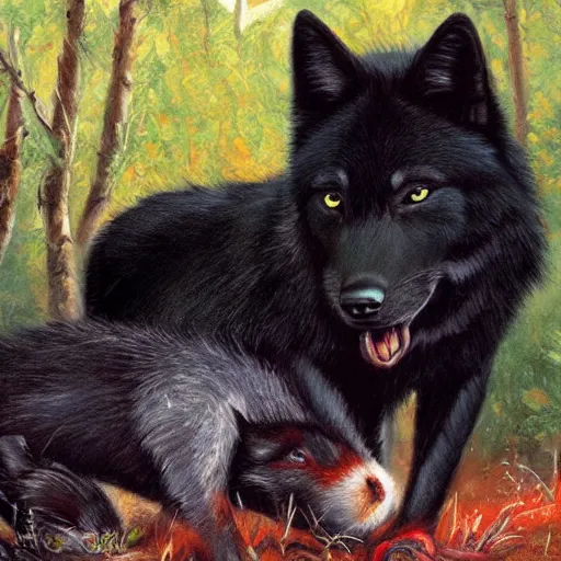 Prompt: a beautiful black wolf with red eyes curled around a small, fragile and cute white rabbit to protect it from the dangerous forest that is all around them, oil painting, award winning, 4k, high quality, high detail