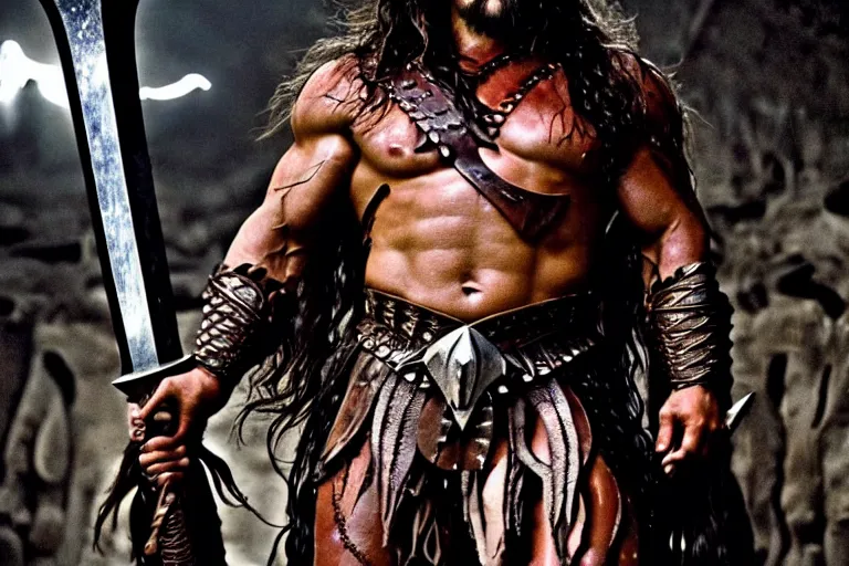 Image similar to film still from conan the barbarian, jason momoa as conan holding a giant sword with both hands above his head, in the catacombs of evil, fantasy armor, volumetric lighting, mist, wet skin and windblown hair, muscular!!!, heroic masculine pose, ridley scott