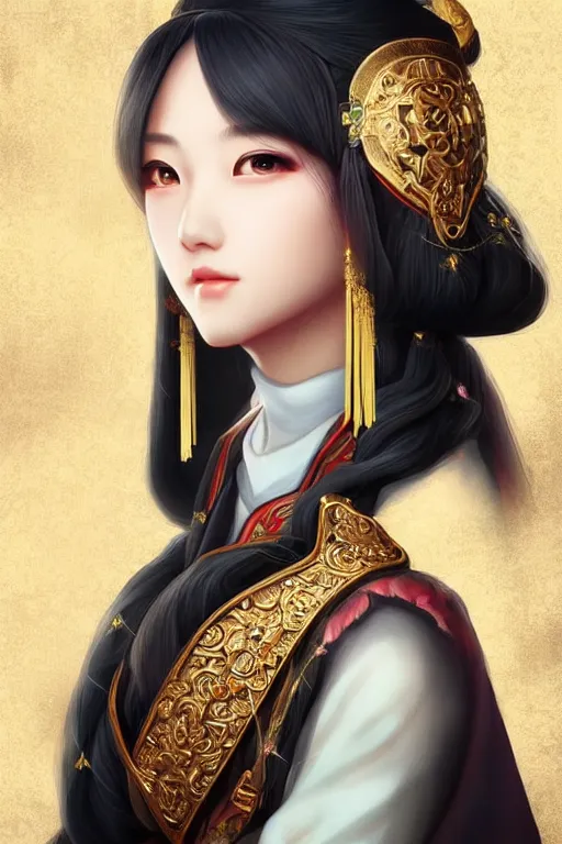 Prompt: a lovely and shiny young empress of qing dynasty, face by artgerm, ross tran, fuji choko, loish, 8 k resolution, attractive, symmetrical portrait, beautifully detailed landscape of ruin, trending on pixiv and pinterest, charming black eyes, luxury