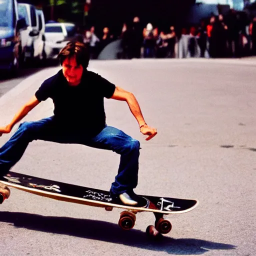 Prompt: photo tom cruise skateboarding, cinestill, 800t, 35mm, full-HD