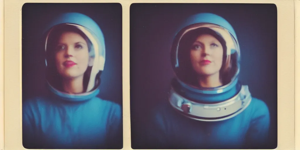 Image similar to vintage polaroid portrait of a beautiful young woman wearing a space helmet, lit from behind, 8k, warm azure tones, color bleed, film grain