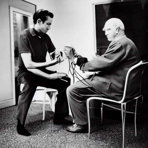 Image similar to a man sitting on a chair having his blood pressure measured by a doctor, color photo