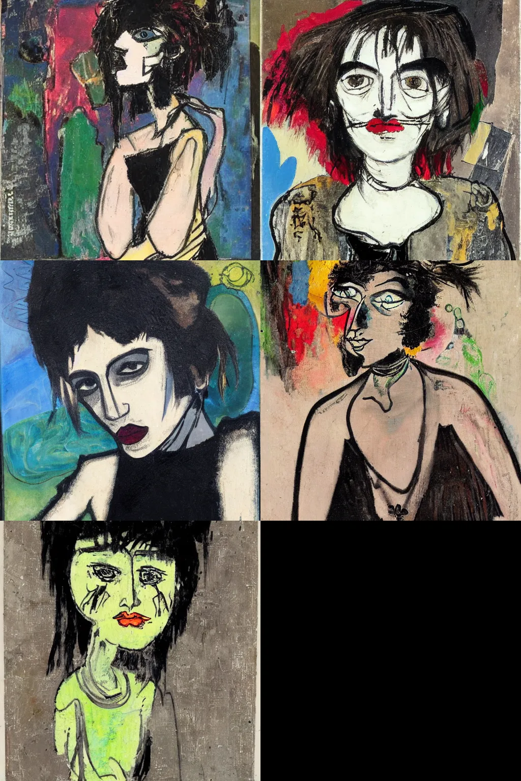 Prompt: goth painted by affandi. high - quality character portrait. short dark brown messy pixie haircut, large black eyes, slightly rounded face, pointed chin, small nose, black tank top, black leather jacket, black knee - length skirt, black choker.