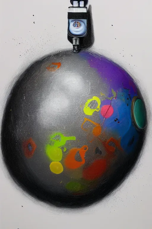Prompt: hyperrealism surrealism acrylic painting, close - up portrait of bowling ball - with big headphones and a mime sweater, aerosol splashes on paper background, art by jeff soto