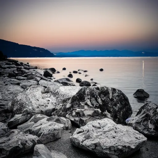 Prompt: lake of constance at night on a rocky beach with stars above and a full moon. photo trending on artstation