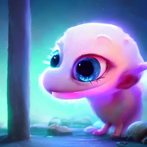 Image similar to adorable glowing creature, trending on artstation, cute, big eyes, matte painting, concept art, pixar, disney, highly detailed, cinematic composition, unreal engine, 3 d rendered in octane