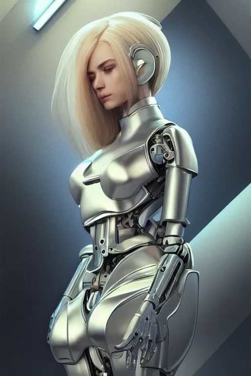 Image similar to Mechanical female android looking, cinematic lighting, intricate, elegant, super highly detailed, art station, concept art, smooth, sharp focus, no blur, no dof, extreme illustration, Unreal Engine 5, Photorealism, HD quality, 8k resolution, cinema 4d, 3D, beautiful, delicate, art by artgerm and greg rutkowski and alphonse mucha and loish and WLOP