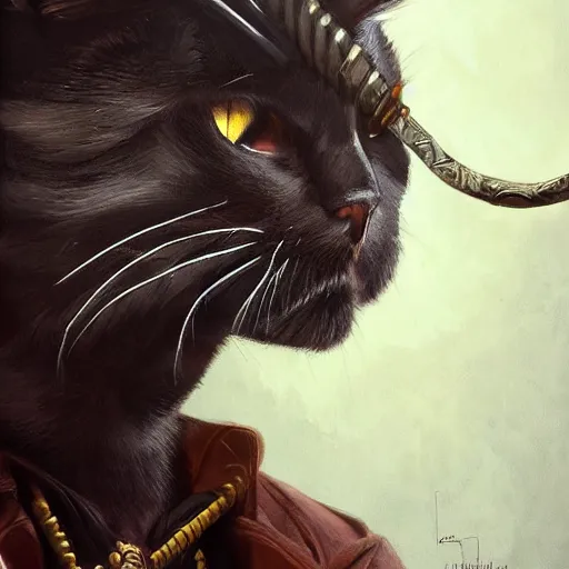 Image similar to portrait, male humanoid cat, eye patch on one eye, black fur, pirate, doctor, pirate clothes, d & d, fantasy, intricate, elegant, highly detailed, digital painting, artstation, concept art, matte, sharp focus, illustration, art by artgerm and greg rutkowski and alphonse mucha