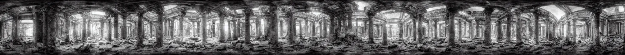 Image similar to photo of an immersive forgotten panopticon well, with columns and destroyed cybernetics from an ancient civilization, photorealistic, higly detailed dark, 3 6 0 picture, panorama, 3 5 mm slide, trending on flickr, in the style of francesca woodman, zachary corzine, zhelong xu, greg rutkowski and anders zorn