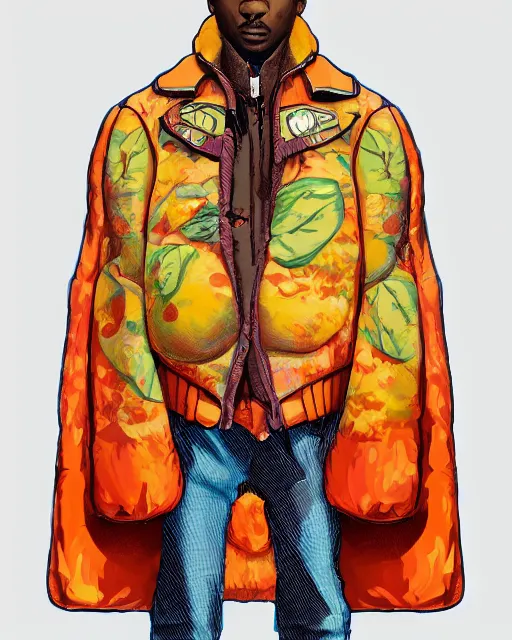 Image similar to a puffy and oversized winter surrealistic mango fruit jacket, concept, mucha, virgil abloh, wes anderson, ilya kuvshinov, photorealistic, artstation, high fashion, incenerate, modern