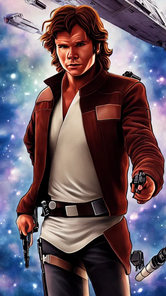 Prompt: a portrait of han solo as an anime character. action pose, inside a sci - fi hallway. color harmony, 8 k detail, gallery quality, hd wallpaper, premium prints available, hyper - detailed, intricate design.